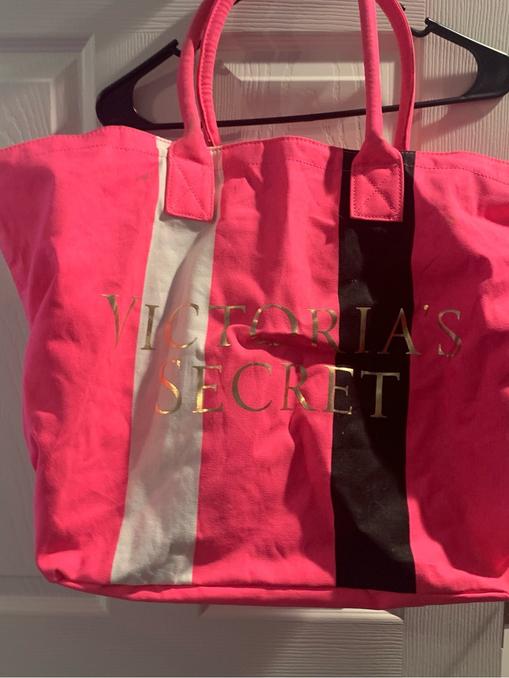 Victoria's Secret Pink Canvas Tote with White and Black Stripes